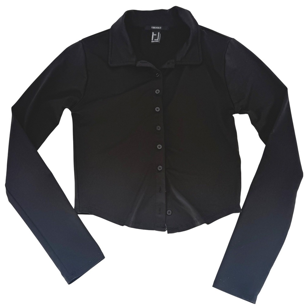 Black Long Sleeve Collared Button Up‎ Crop Top Women's Size Medium